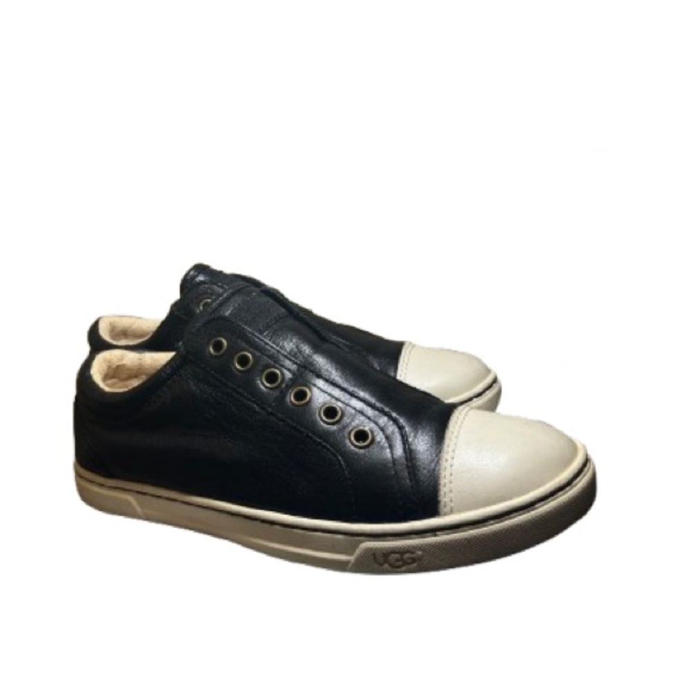 UGG Leather Laceless Low Top Slip on Sneakers in Black and Cream size 5.5